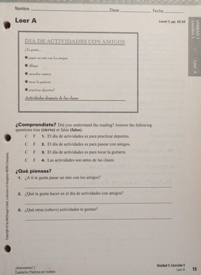 ?Avancemos!: Cuaderno: Practica por niveles Workbook Teacher's Edition Level 2