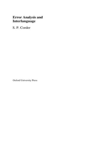 洋書 Error Analysis and Interlanguage Error Analysis and Interlanguage by S. Pit Corder; Stephen