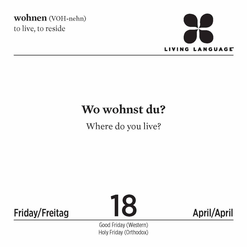 Living Language: German 2014 Day-to-Day Calendar: Daily Phrase & Culture  Calendar (Living Language (Calendars)) by Random House Direct - from  BookHolders (SKU: 5787486)
