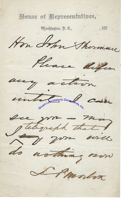 An Autographed Letter Signed From Levi Morton To John Sherman