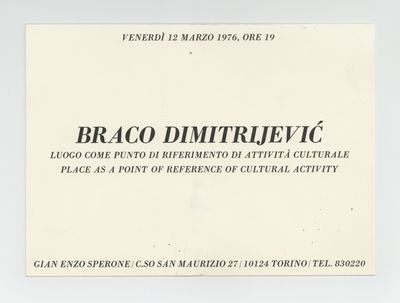 Exhibition card: Braco Dimitrijevic: Luogo come Punto di Riferimento di Attività Culturale/Place as a Point of Reference of Cultural Activity (opens 12 March 1976)