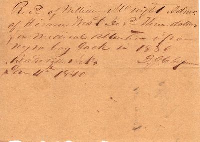 [Manuscript Document Acknowledging Payment for Medical Care for "Negro Boy Jack" in Antebellum Arkansas]
