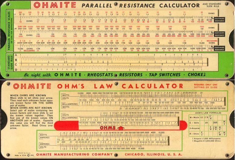 Ohmite Parallel Resistance Calculator and Standard Slide Rule 1949 ...