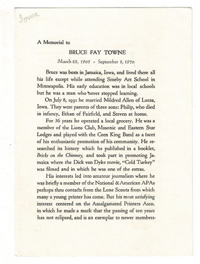 A memorial to Bruce Fay Towne, March 25-1905 - September 3, 1970