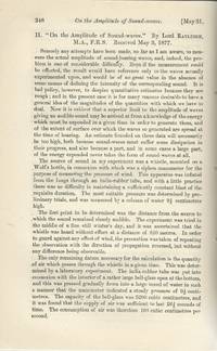 PERCEPTION OF SOUND: &quot;On the Amplitude of Sound-waves&quot; (Proceedings of the Royal Society of London, Vol. 26 No. 181, pp. 248-249) by Rayleigh, Lord [John William Strutt] - 1877