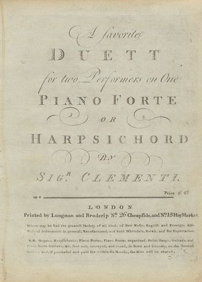 A favorite Duett for two Performers on One Piano Forte or Harpsichord ... op 6. Price 2s. 6d. [Piano-four hands]