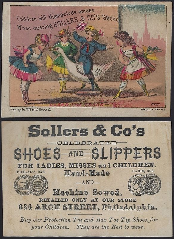 VICTORIAN TRADE CARD FOR SOLLERS' SHOES WITH LITTLE BOY RIDING A GOOSE AND GIRLS CLEARING THE TRACK