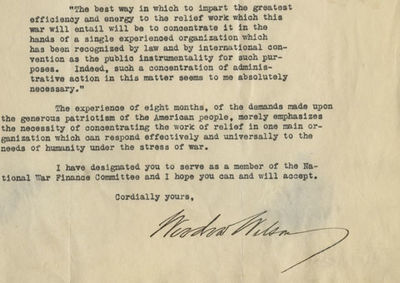 President Woodrow Wilson Asks the Acting Chairman of the American Red Cross to Serve on the National War Finance Committee, Which Raised the Most Money For a Philanthropic Cause Up to That Time