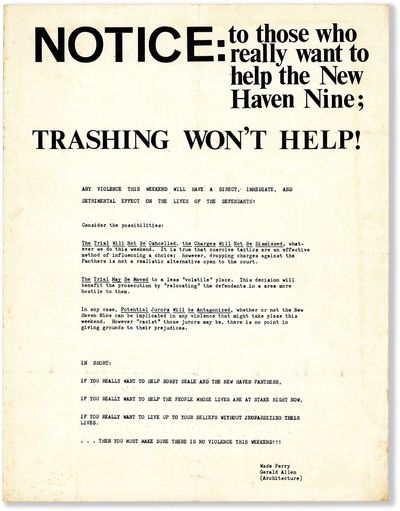 Broadside: "Notice: To those who really want to help the New Haven Nine; TRASHING WON'T HELP!