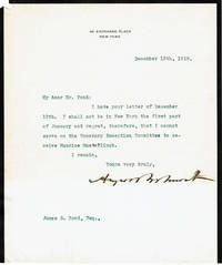 image of TYPED LETTER SIGNED by AUGUST BELMONT, JR., the American financier who funded the construction of the New York Subway and Belmont Park Racetrack, in reply to an invitation by James B. Pond to join his reception committee for Maeterlinck's first American lecture.