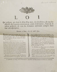 Loi qui ordonne que dans le délai d'un mois, les directoires de tous les districts du royaume enverront au comité d'aliénation, l'état de la valeur présumée de tous les domaines nationaux compris dans leur Circonscription. Donnée à Paris le 17 avril 1791