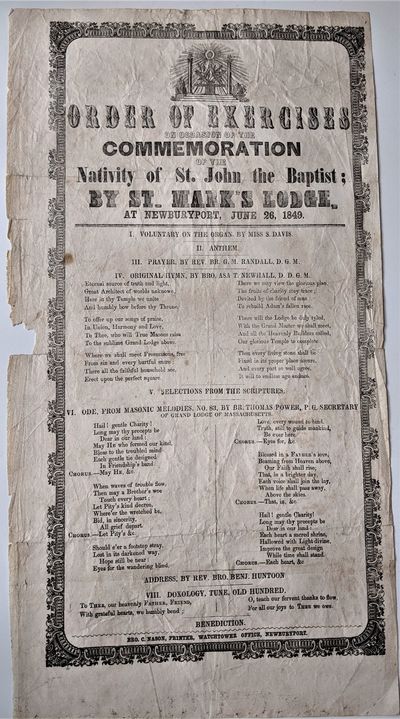 Order of Exercises on Occasion of the Commemoration of the Nativity of St. John the Baptist; By St. Mark's Lodge, at Newburyport, June 26, 1849