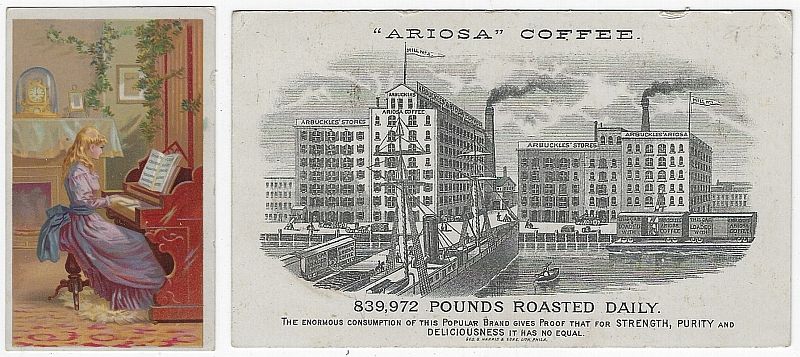 Advertisement - Victorian Trade Card for Arbuckle Ariosa. Coffee, Young Girl Playing Piano