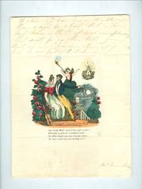 Brilliant Color Courting Couple in Garden with Cupid Watching, Postally Used 1840