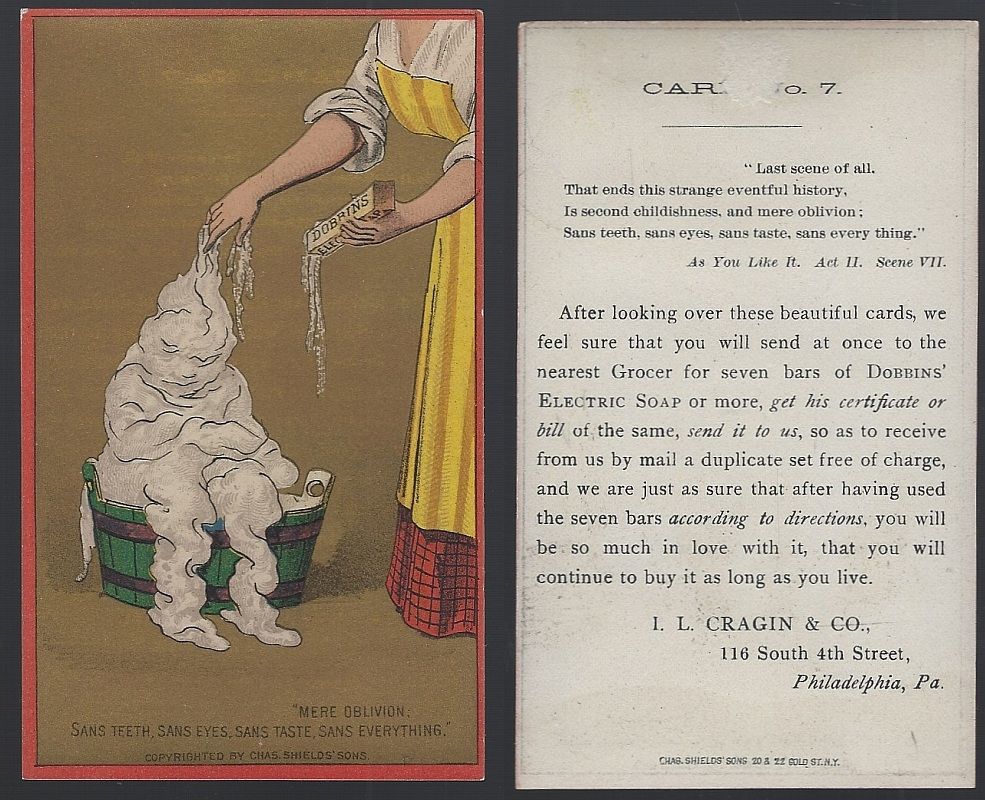 VICTORIAN TRADE CARD FOR DOBBINS' ELECTRIC SOAP WITH AS YOUR LIKE IT SHAKESPEARE QUOTE