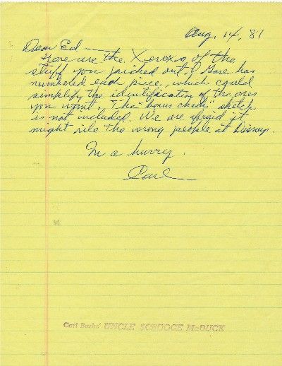 Original Cartoon Art. Carl Barks Autograph Letter Signed, on yellow lined paper rubber stamped "Carl Barks' UNCLE SCROOGE McDUCK," 4to, n.p., Aug. 14, 1981