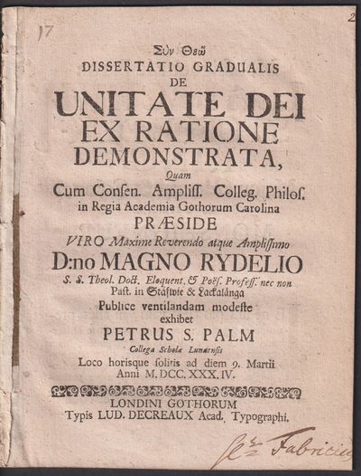 Dissertatio gradualis de unitate Dei ex ratione…