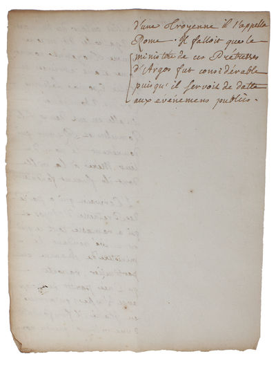 Original handwritten manuscript-leaf in Rousseau's hand concerning Rome, the mother of Romulus and Remus, taken from Dionysos Halicarnassos. - [HANDWRITTEN NOTES BY ROUSSEAU FROM DIONYS HALICARNASSOS' WORK ON THE HISTORY OF ANTIQUITY] (photo 2)