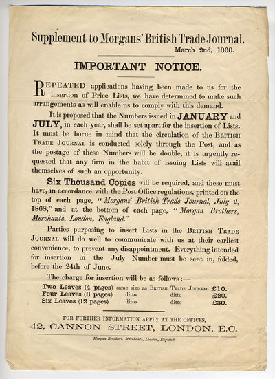 [Broadside]: Supplement to Morgans' British Trade Journal. March 2nd, 1868. Important Notice