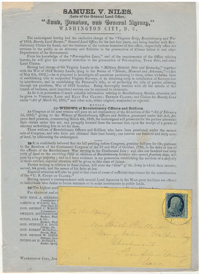 Advertisement for an attorney specializing in obtaining military land patent bounties for veterans and heirs of veterans who had served in the Revolutionary War, War of 1812, Mexican War, an the Indian Wars between 1775 and 1855