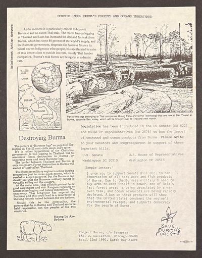 Ecocide 1990: Burma's forests and oceans threatened [handbill]