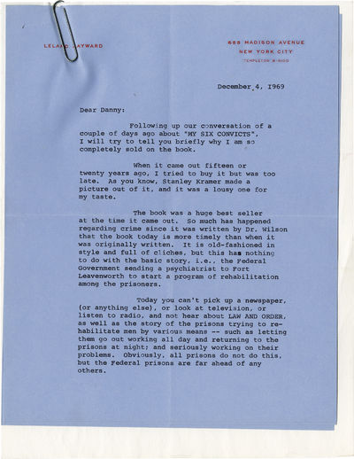 Archive of correspondence between producer Leland Hayward and Daniel Selznick regarding "My Six Convicts," 1969-1970