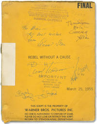 Rebel Without a Cause (Original screenplay for the 1955 film, signed by cast and crew members) de James Dean (starring); Nicholas Ray (director); Robert Lindner (book); Stewart Stern, Irving Shulman (screenwriters); Natalie Wood, Dennis Hopper, Sal Mineo (starring) - 1955