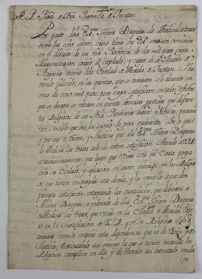[Manuscript Letter to the Provincial of Yucatan, Instructing Him to Inquire About Various Debts Owed by Certain Religious Orders in New Spain]
