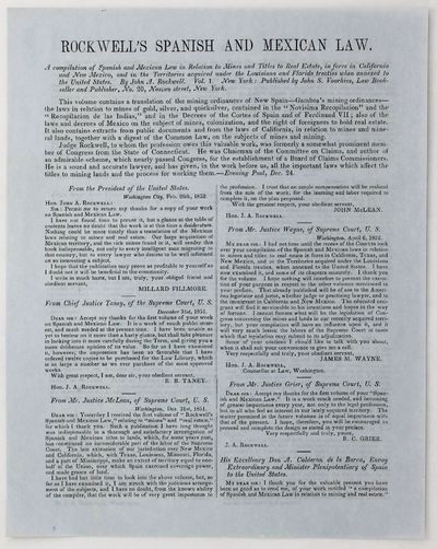 [Prospectus for:] Rockwell's Spanish and Mexican Law. A Compilation of Spanish and Mexican Law in Relation to Mines and Titles to Real Estate, in Force in California and New Mexico... [caption title]