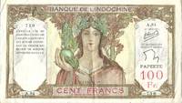 French Indochina, Papeete, Tahiti 100 CFP Franc Banknote / Currency (Pick # 14) Papeete, French Polynesia (1939 Series) by Banque de L'Indochine (France) - 1963