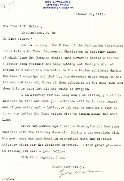 Typed Letter Signed, Huntington, West Virginia, October 20, 1913, to Democratic State Chairman Stuart W. Walker, Martinsburg, West Virginia