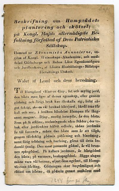 Beskrifning om hampsädets plantering och skötsel;…