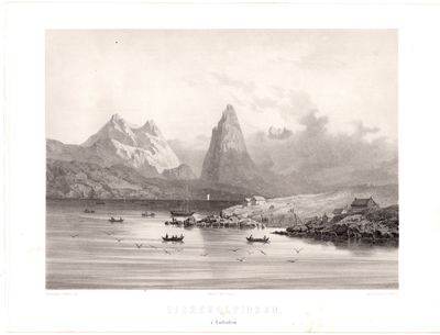 Litografi av “Fiskeboltinden i Lofoden”. Frich…