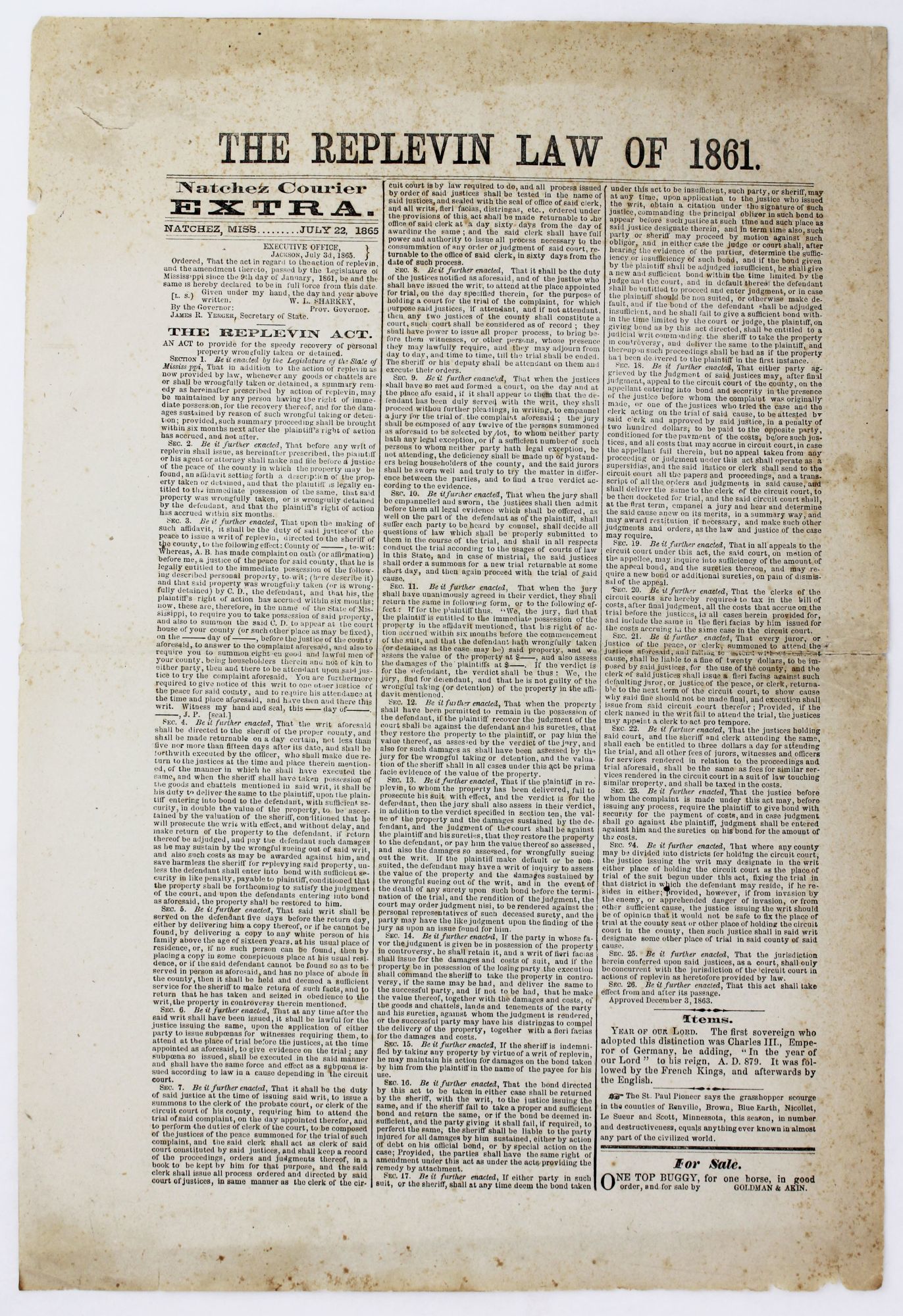 The Replevin Law of 1861. Natchez Courier Extra...July 22, 1865 ...