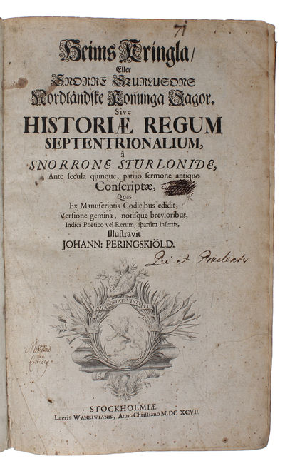 Heims Kringla/ Eller Snorre Sturlusons Nordländiske Konunga Sagor. Sive Historiae Regum Septentrionalium. Ante secula quinque, patrio sermone antiquo Conscriptae, Quas Ex Manuscriptis Codicibus edidit, Versione gemina, notisque brevioribus, Indici Poë... - [THE EDITIO PRINCEPS OF THE FIRST FULL COLLECTION OF THE "HEIMSKRINGLA", THE SAGAS, IN THE ORIGINAL ICELANDIC] (photo 14)
