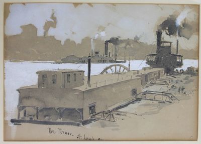 [Handsome Gouache Watercolor of Steamboats on the Mississippi River at St. Louis]