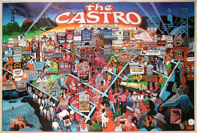 (California LGBTQ history) THE CASTRO, SAN FRANCISCO (1985) Pictorial map / poster by Graham Bruce