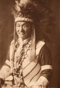 [Seated studio photograph of a Native American with scar over is left eye, in vest and headress]