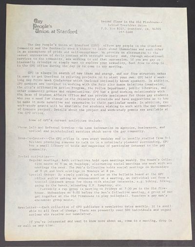 Gay People's Union at Stanford [introductory handbill]