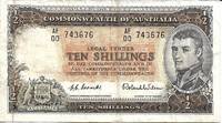 image of Australia 10 Shilling Banknote 1954 (Half Pound) - FINE