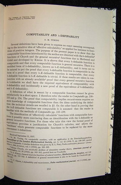 Computability and Lambda-Definability. (Extracted from The Journal of Sybolic Logic, Volume 2, 1937, pp.153-64.). (photo 2)