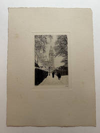 Winter street scene in Russia. [Undisclosed town in Russia with two figures in the foreground and a Russian Orthodox Church in the background]