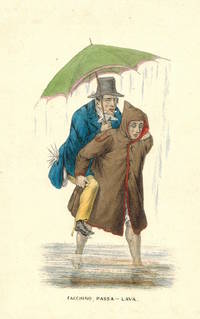 'Facchino, Passa - Lava' Porter carrying man holding umbrella through stream.