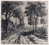 Dutch road with thatched cottage and windmill