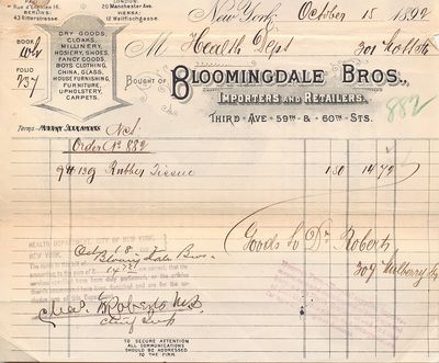 A Pair of "Bloomingdale Bros." invoices to the New York City Dept. of Health for purchases of "Rubber Tissue," October 15, 1892 and of "2 Bureaus," August 28, 1896, each with a different design
