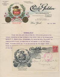 Illustrated letterhead for Gulden&#039;s Mustard, Capers, and Olives with its accompanying illustrated advertising cover by Charles Gulden - 1908