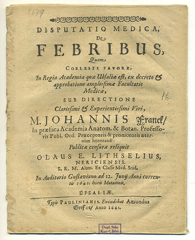 Disputatio medica, de febribus. A.a.