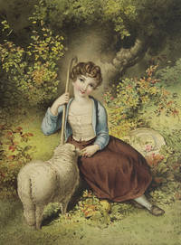 Watercolor: Shepherdess with sheep, holding staff
