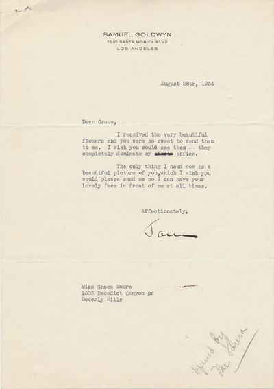Samuel Goldwyn Asks The Actress Grace Moore For A Photograph So I Can Have Your Lovely Face In Front Of Me At All Times