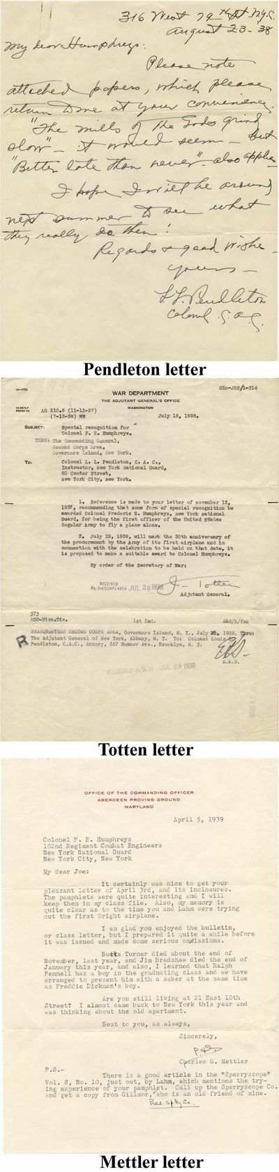 An Archive Concerning Lieutenant Frederic E. Humphreys, The First Army Officer To Fly Solo. These Letters Mention The Thirtieth Anniversary Of His Historic Flight